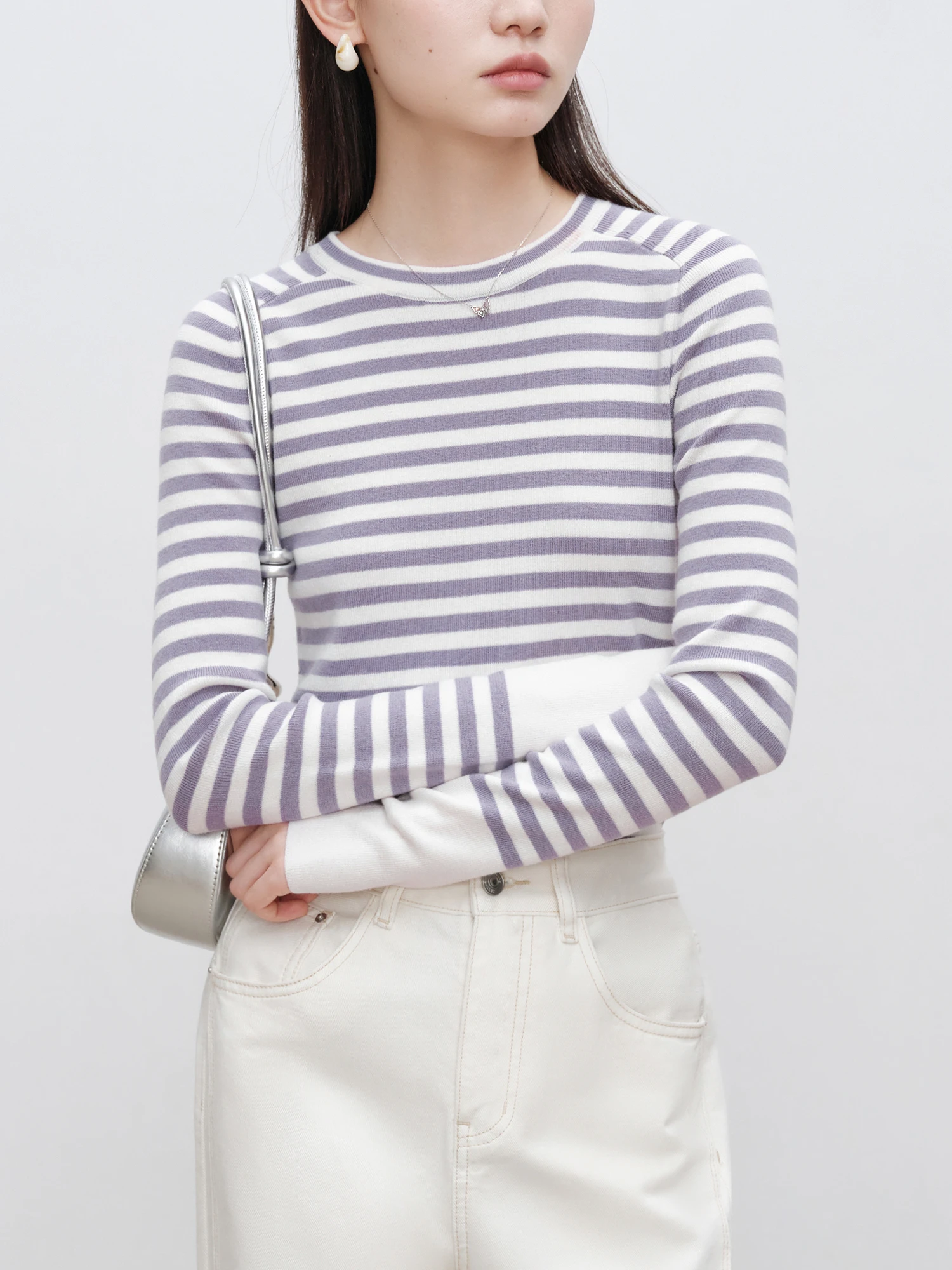 ZIQIAO Petite Size Versatile Striped Wool Knitted Sweater for Women 2024 Autumn Winter New Collection Pullover Layered Top