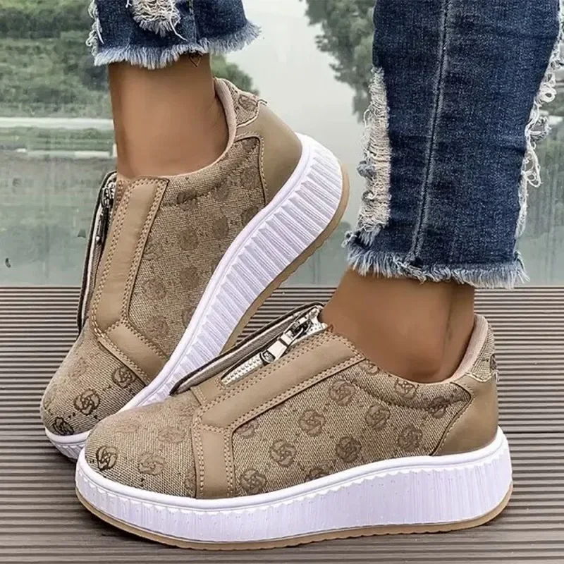 Gestickte Blumen Plattform Turnschuhe Frauen Front Zipper Dicke Sohle Vulkanisierte Schuhe Frau Marke Design Mode Chunky Turnschuhe