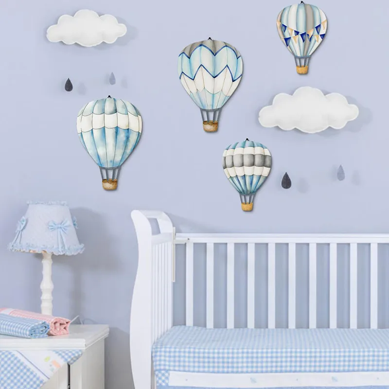 4pcs Colorful Painted Wooden Hot Air Balloon Wall Ornaments Set Kids Room Hanging Decoration Living