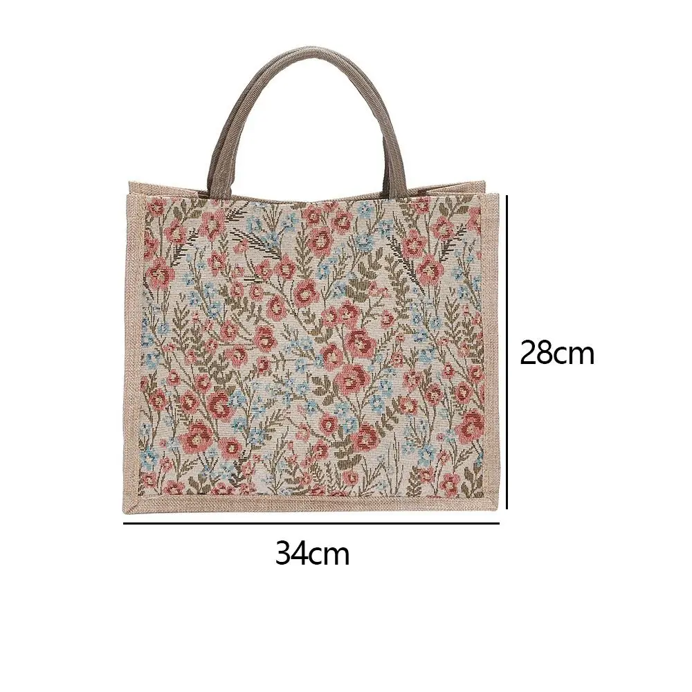 Women Flower Pattern Flax Tote Bag Larger Capacity Outdoor Handbag Casual Lunch Bag Mummy Bag