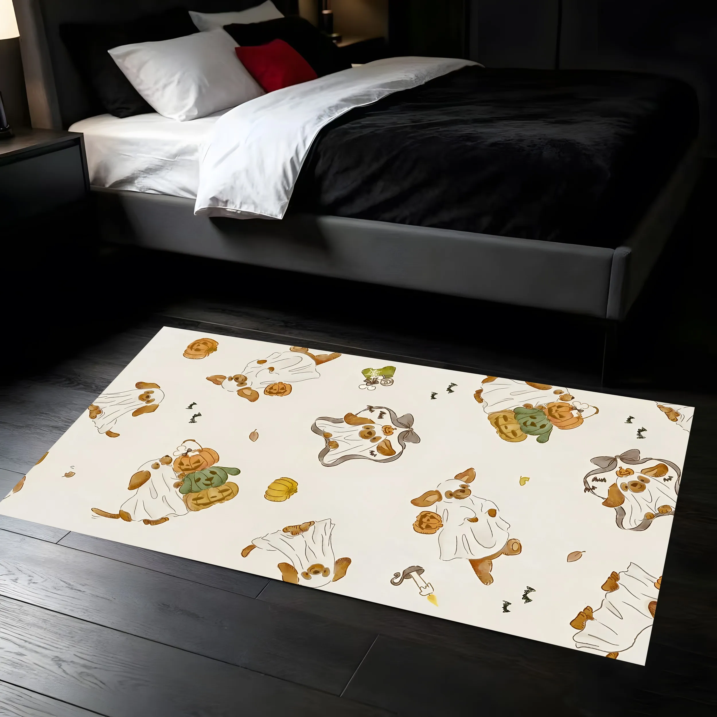 2D Carpet Ghostly Puppies Pumpkins Bats Printed Playful Watercolor Style Soft Bright Visual Effect Creating Warm Quirky Halloween