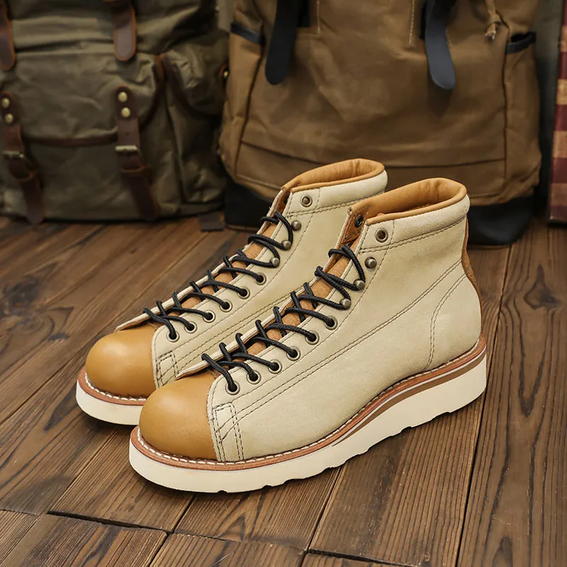 

Handmade Men's Motorcycle Boots Genuine Leather Lace-up Outdoor Work Shoes Retro Ankle Boots
