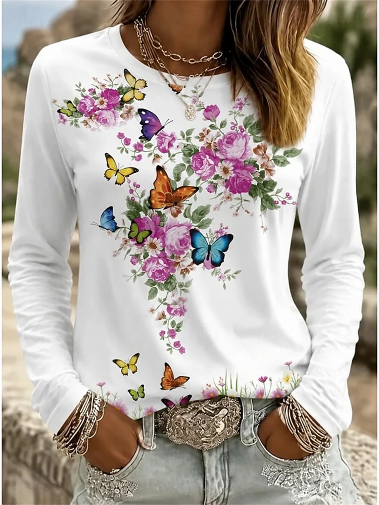 Women's T-Shirt Floral Print Botanical Motifs Fashionable Casual Long-Sleeve Elegant and Sophisticated Round-Neck Loose-Fit Top
