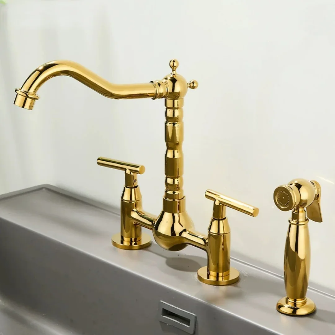 Gold Kitchen Faucet with Hand shower Head Chrome Pot Filler Faucet Tap Brass Hot and Cold Deck Mounted Sink Faucet Tap Spout