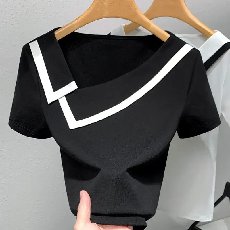 French Haute Couture Niche Design Black White Panelled Diagonal Neck Short Sleeved T-shirt Women's Patchwork Fashion Slim Top