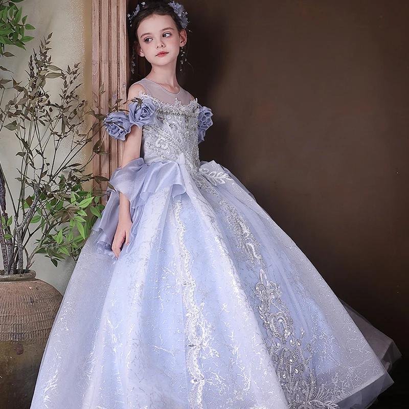 

Quality Elegant Blue Princess Dress for Girls Off Shoulder Beaded Luxury Kids Formal Gown for Wedding Birthday Party Pageant