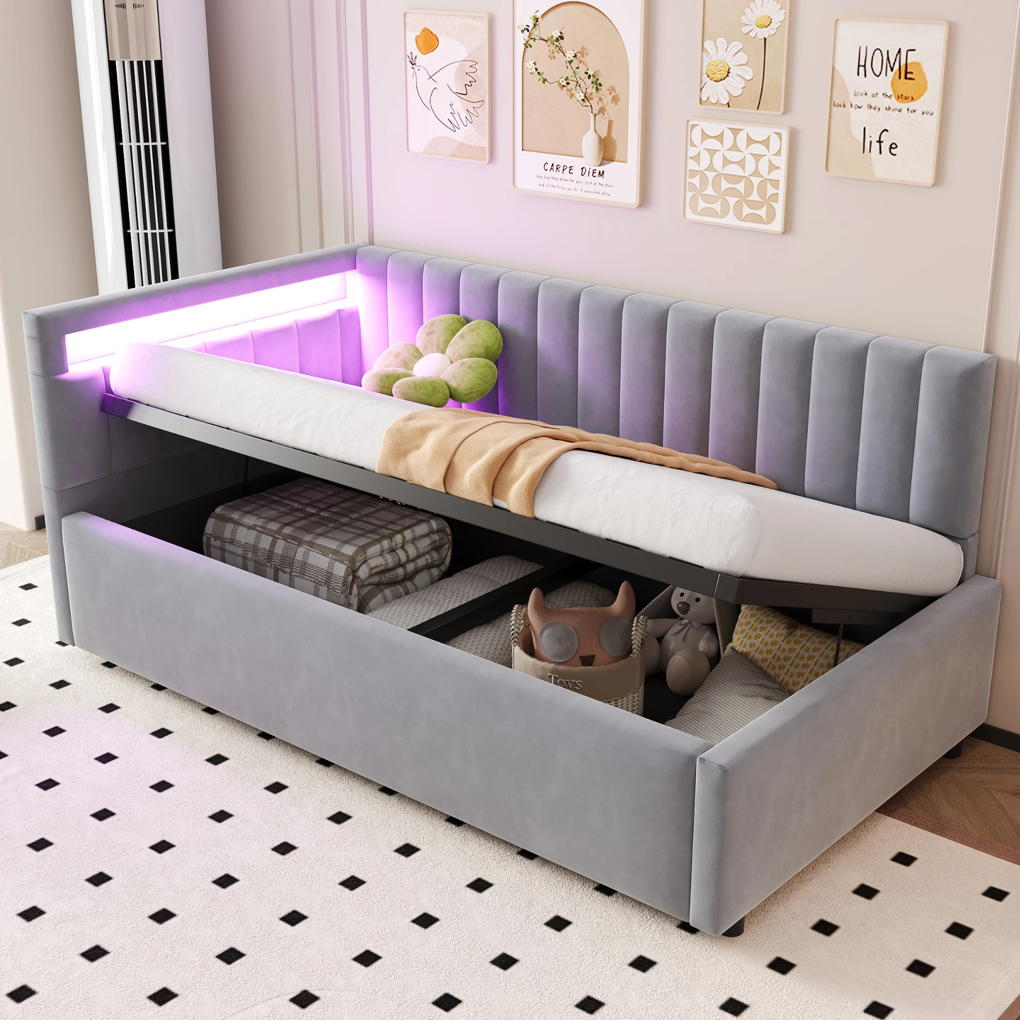 Lit banquette 90 × 200 cm, lit simple avec coffre hydraulique, LED réglable et tête de lit réversible - sans matelas - Gris