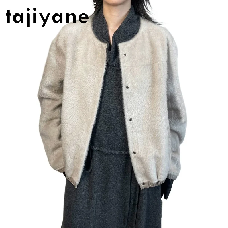 TAJIYANE Black‑Label Luxury Baby Lacon Lamb Shearling Real Fur Coat Women Round Neck Fur Jacket Overcoat Short Outerwear Casaco