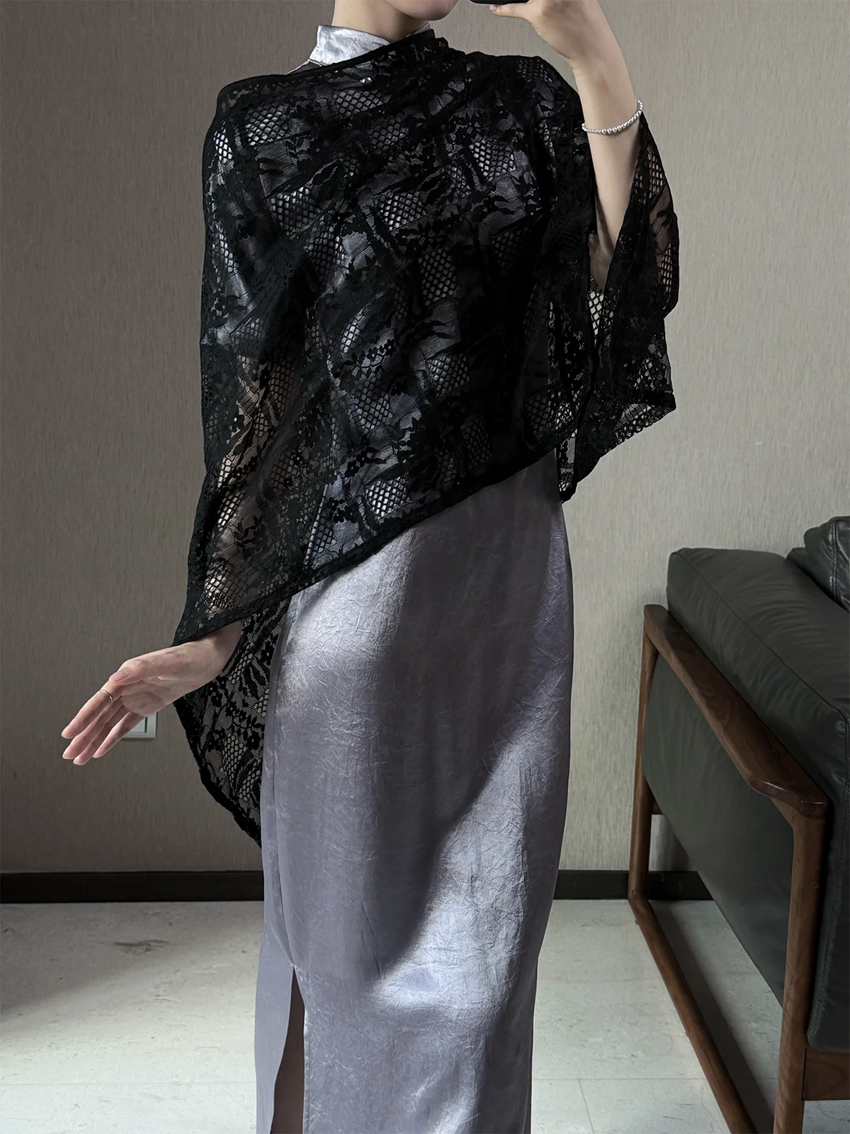 

Платье Xu Zhi Xing из ацетатной ткани с текстурой, фиолетовое, с низким разрезом, простое, длинное, для повседневной носки, в китайском стиле.