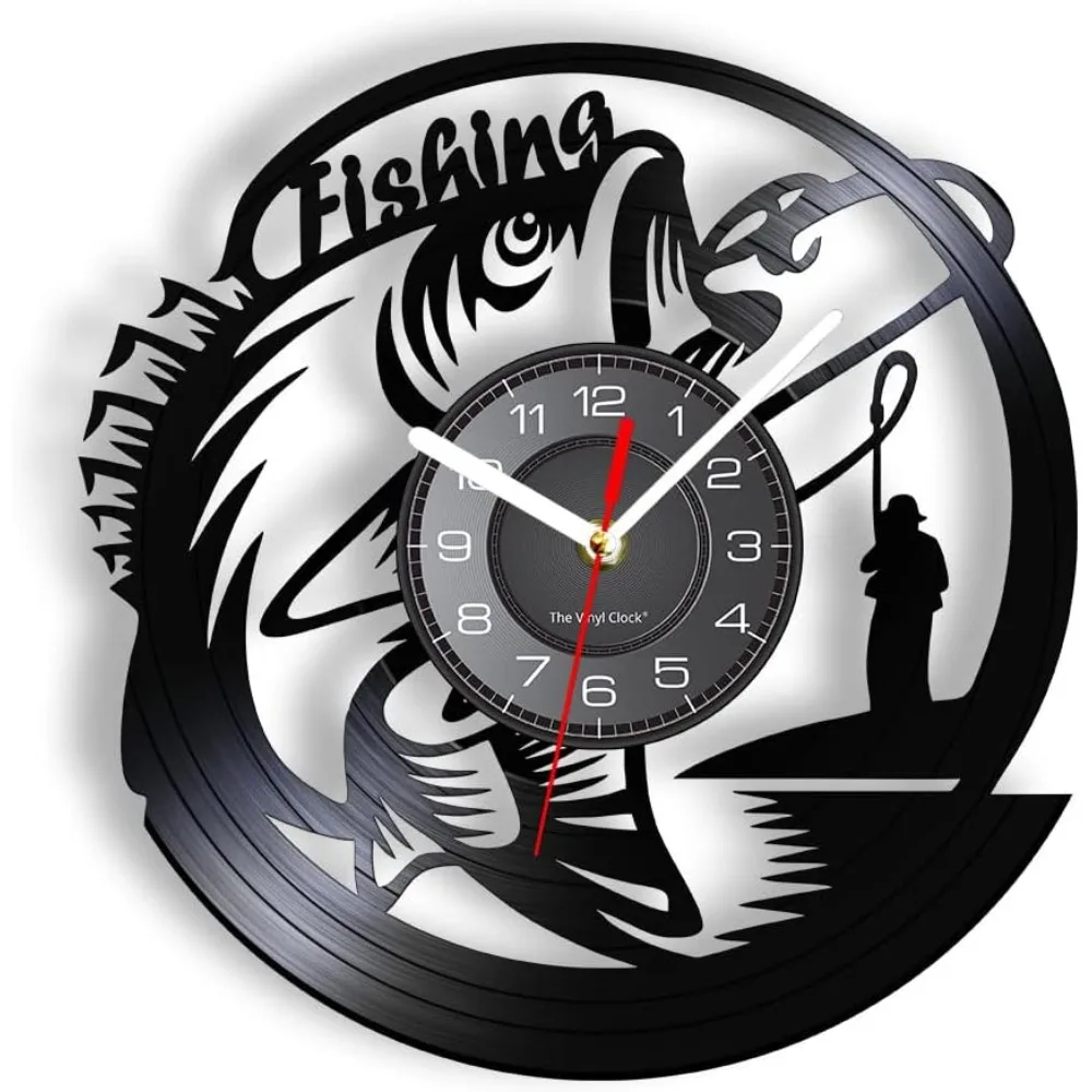 Fishing Vinyl Record Wall Clock Retro Home Decoration Angler Fishing Enthusiast Gift Man Cave Farmhouse Silent Wall Watch