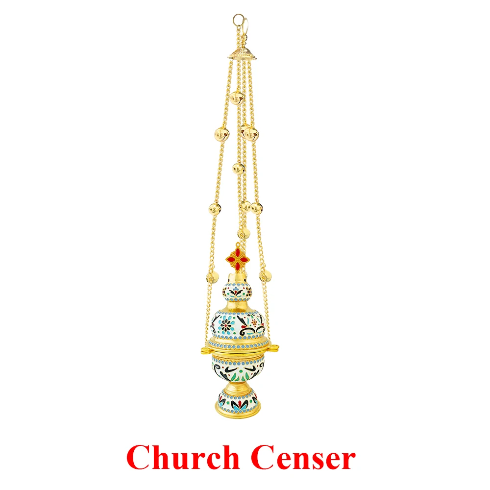 

Orthodox Censer Gold Plated Enamel Incense Burner with Bells Chain - Liturgical Church Prayer