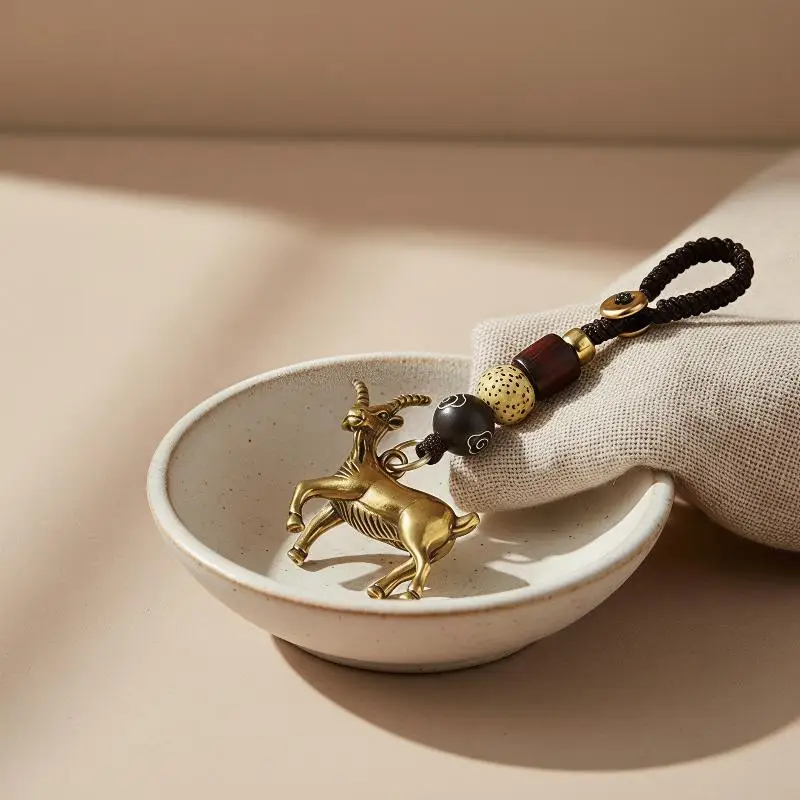 Brass Zodiac Goat Keychain Antique Copper Sheep Ornament Handmade Metal Key Charm for Car Purse Decor Souvenir