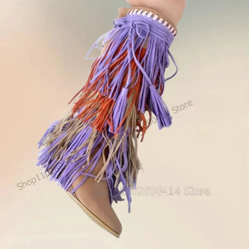 

Colorful Tassels Decor Beige Flock Round Toe Boots Slip On Women Shoes Wedges Heel Novel Fashion Party 2025 Zapatos Para Mujere