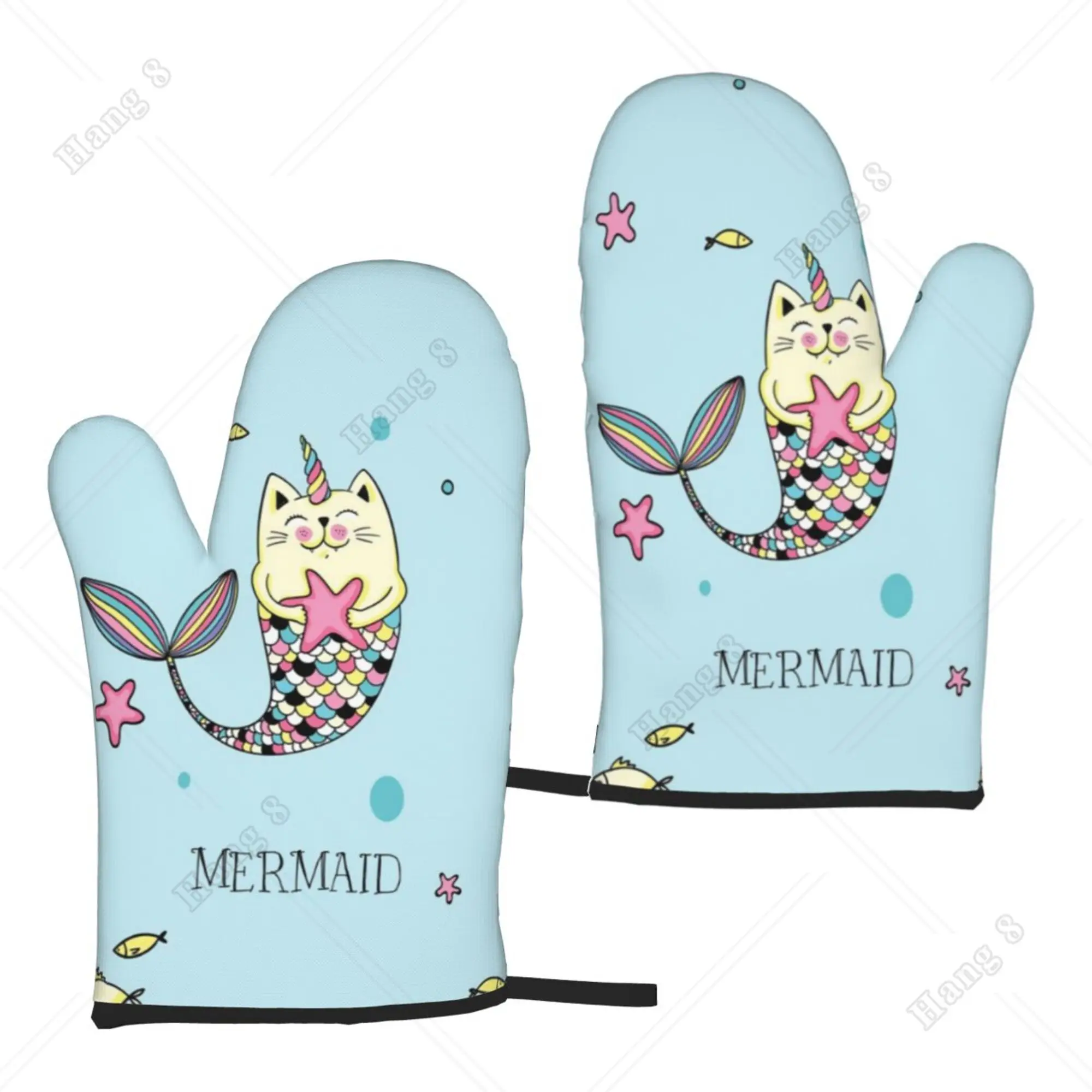 Baby Blue Mermaid Cat Cartoon Cute Microwave Gloves Bbq Gloves for Women Men Oven Gloves Prevent Heat Holder 2PC One Size