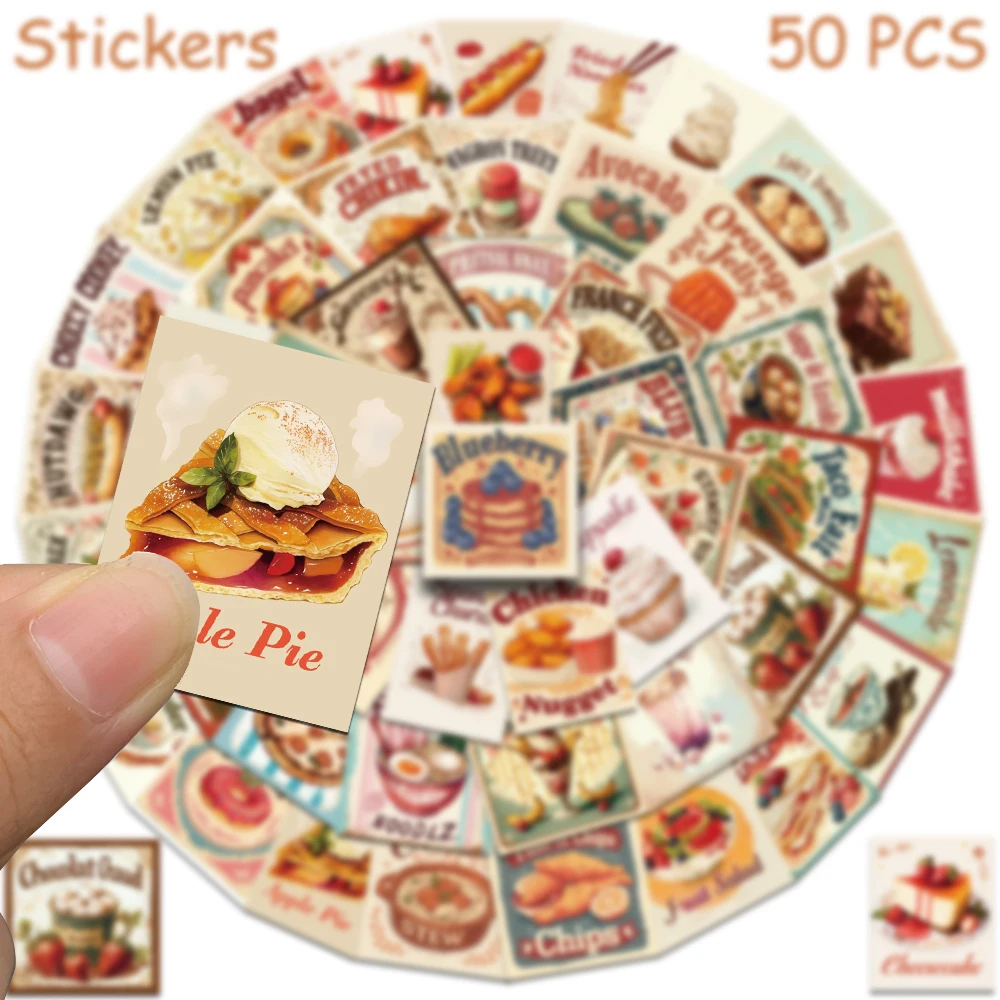 50 stücke Retro Lebensmittel Kuchen Nudel Aufkleber Aufkleber Für Laptop Sammelalbum Koffer Kühlschrank Gitarre DIY Cartoon Ästhetische Aufkleber – Detail 5