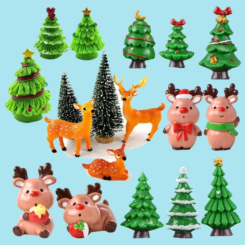 Christmas Tree Family Deer Miniature Figurine Cartoon Animal Model Home Decor Fairy Garden Decoration Accessories Modern