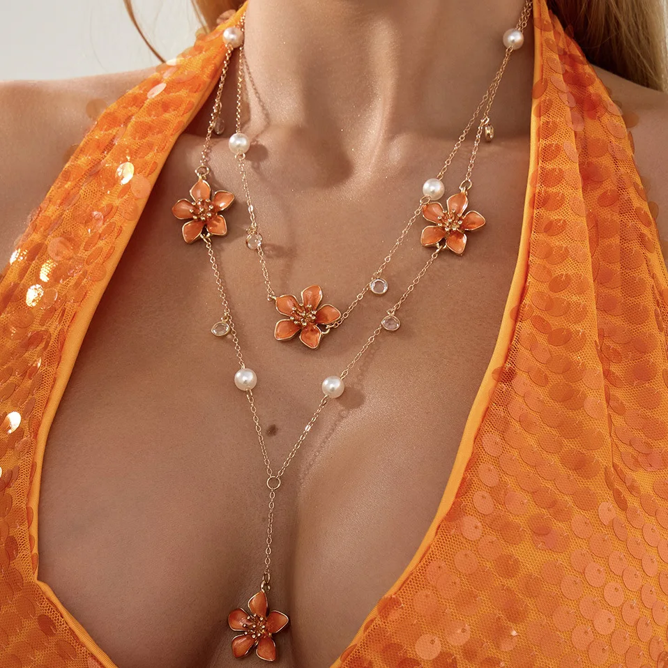 Necklace Bohemian Enamel Flower Pendant with Faux Pearl Beads Lightweight Durable Elegant for Women Vacation Beach Resort