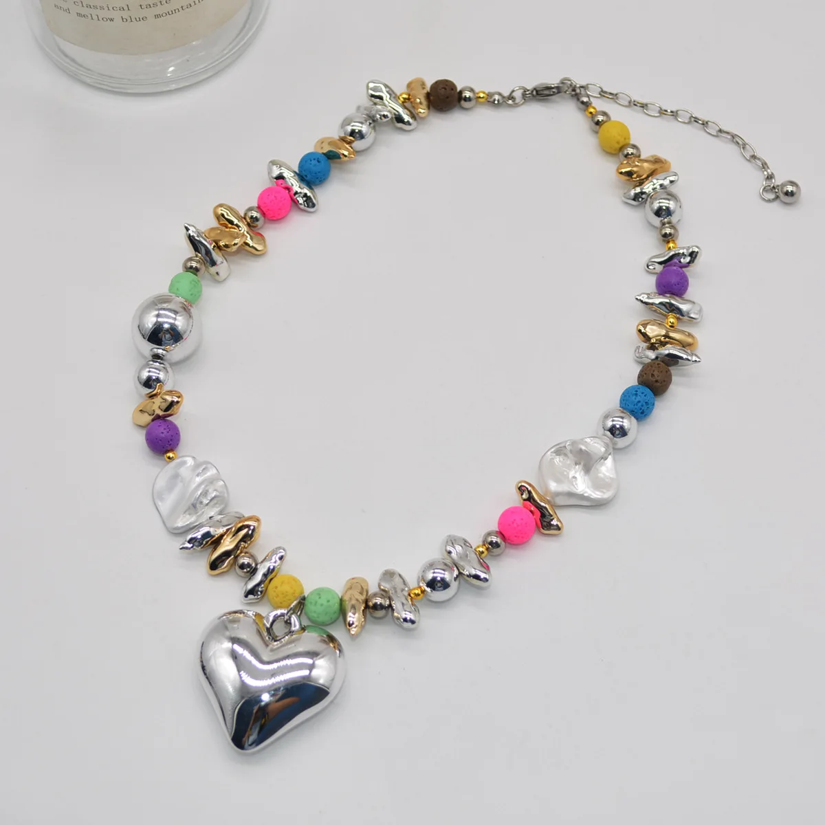 High-grade colorful beaded love pendant necklace light luxury niche clavicle chain