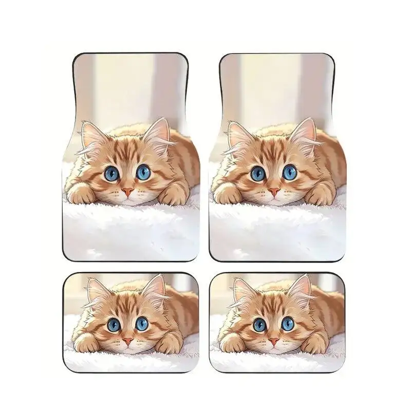 

4Pcs Cute Orange Cat Print Car Floor Mat Universal Anti-slip Waterproof Foot Pads For Cat Lovers Auto Decor Suit Sedan SUV Truck