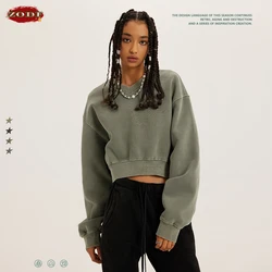 ZODF-Sudadera corta de lana para mujer, Jersey holgado de estilo Hip Hop con cuello en V, 380gsm, Tops de marca, invierno, 2023, HY0437