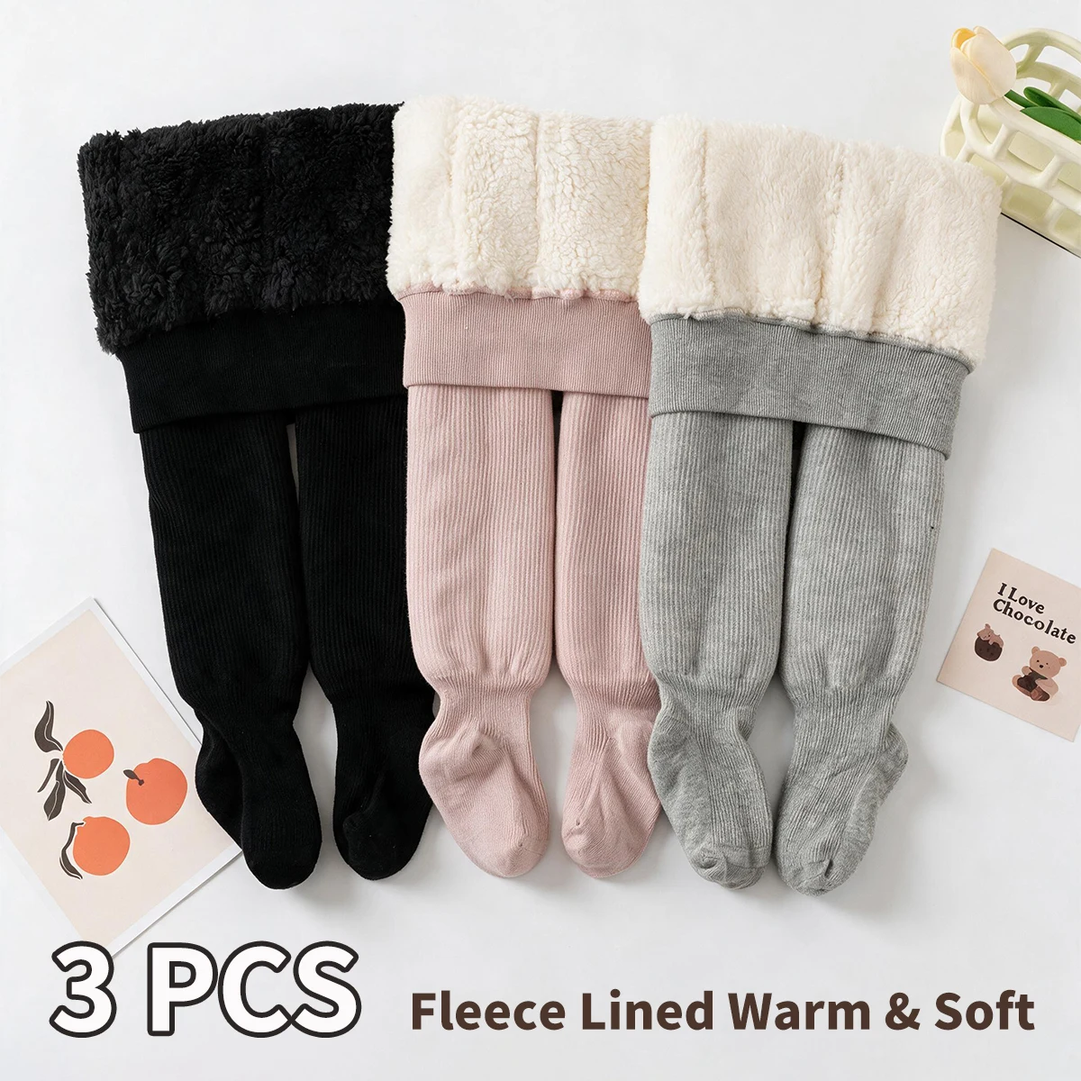 3 PCS Toddler Girls Winter Wearable Tights, Thick Sherpa Lined Thermal Pantyhose, Versatile Solid Colors