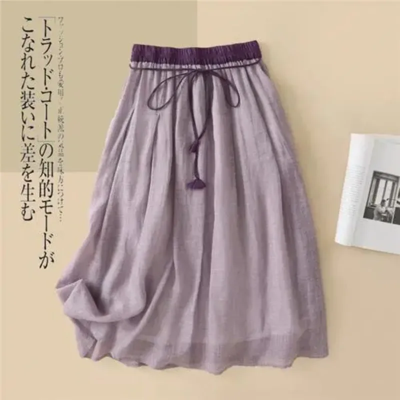 Women Retro High Waist Linen Cotton Midi Skirt Drawstring Tassel Double Layer Flowy A Line Casual Dress Skirt