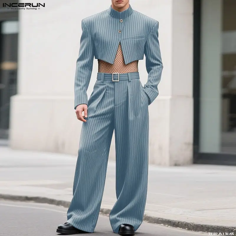 INCERUN Men Striped Sets Loose Stand Collar Long Sleeve Crop Blazer & Pants 2PCS Streetwear 2025 Fashion Casual Men's Suits