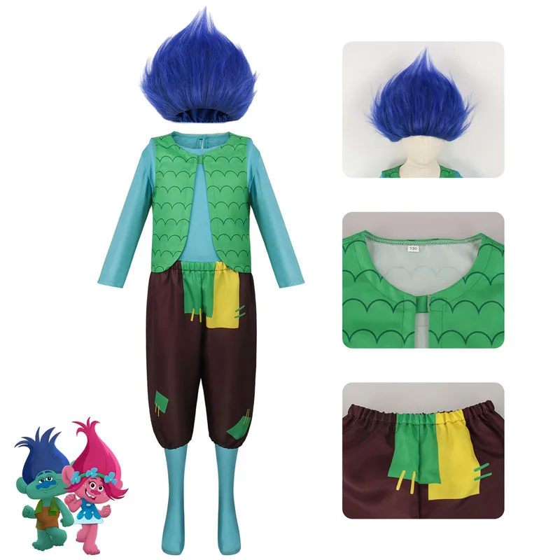 Disfraz de Cosplay con estampado de Anime para niños, conjunto de pantalones superiores de amapola con rama de Trolls, trajes de Carnaval de Halloween, traje con peluca para niños y adultos