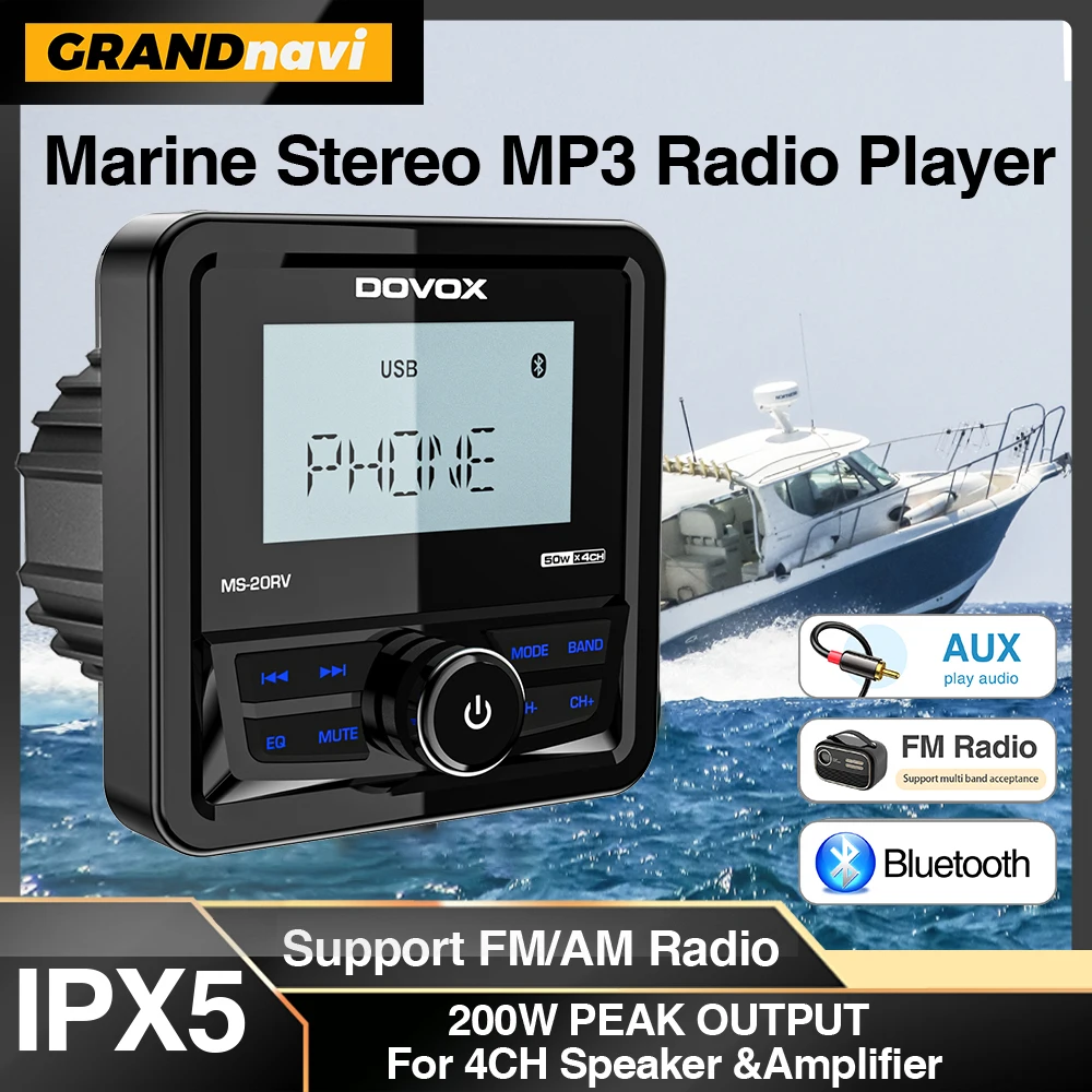 

GRANDnavi Waterproof Marine Radio Bluetooth FM AM Digital Media Audio Player for Boat Yacht ATV UTV Golf Cart Motorcycle