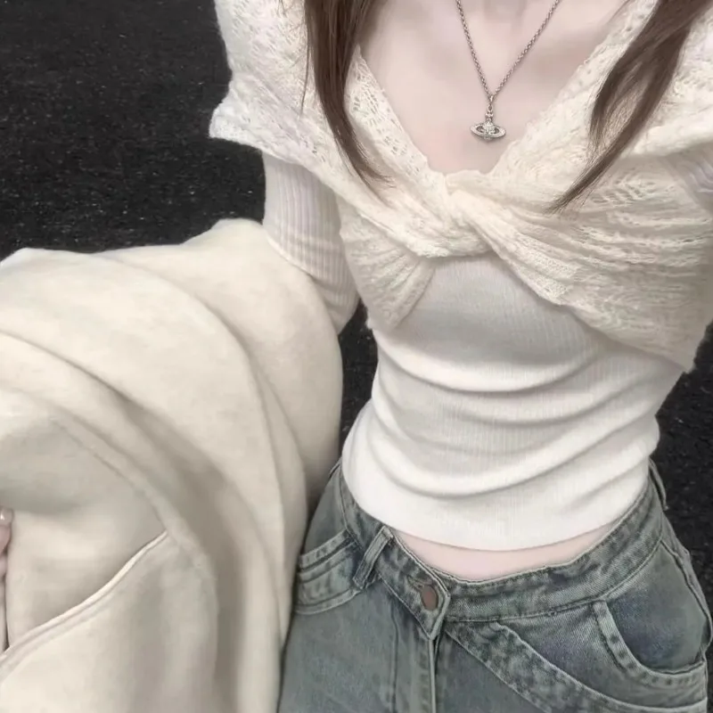 Women Autumn White Twist Off Shoulder Long Sleeve Knit Top Pure Desire Slim Fit Inner Wear Design Shoulder Blouse