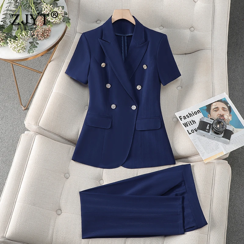 

ZJYT Fashion Spring Summer Pant Suit Women Office Business Formal Short Sleeve Blazer Trousers Set 2 Piece Outfit Pink Plus Size