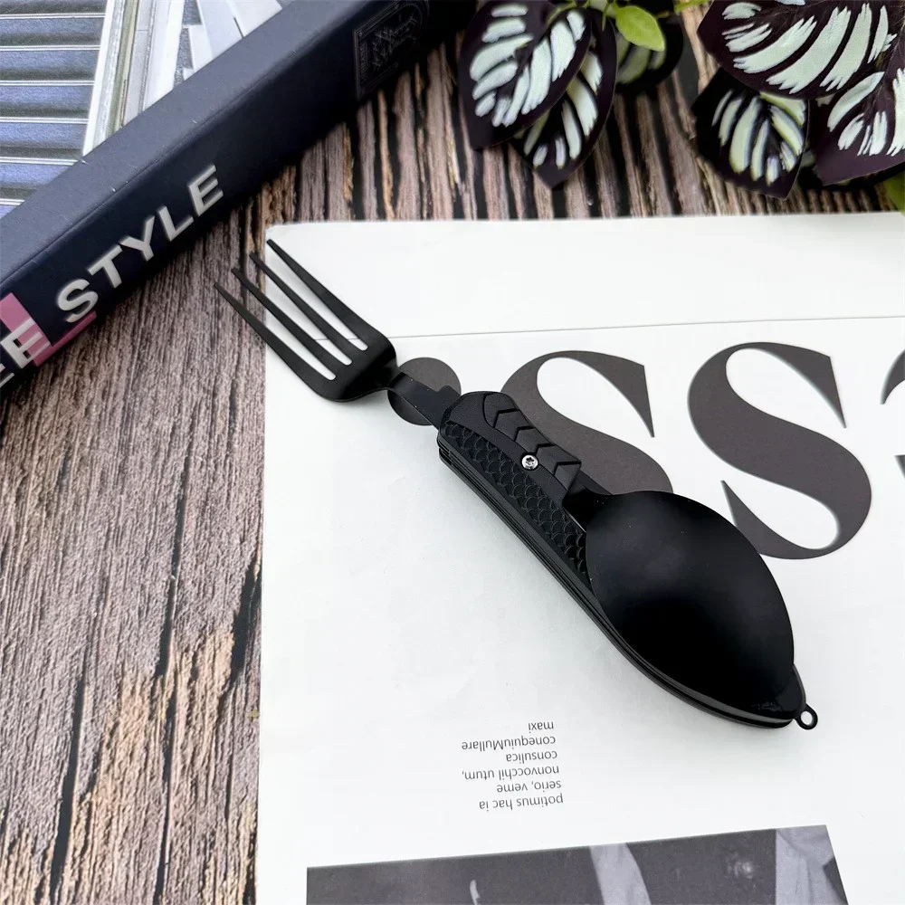 Three-in-One Multi-Tool Camping Folding Knife Comfortable Grip Hook Design Stainless Steel Folding Spoon Fork Knife Bottle Opene