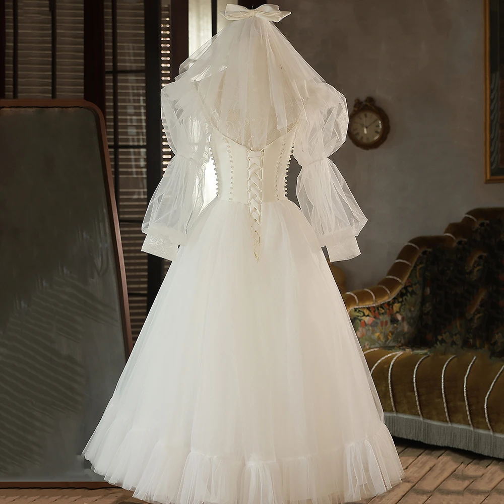 AnXin SH principessa fiore pizzo bianco vintage collo alto manica lunga a sbuffo sposa abito da sera personalizzato piccolo abito bianco