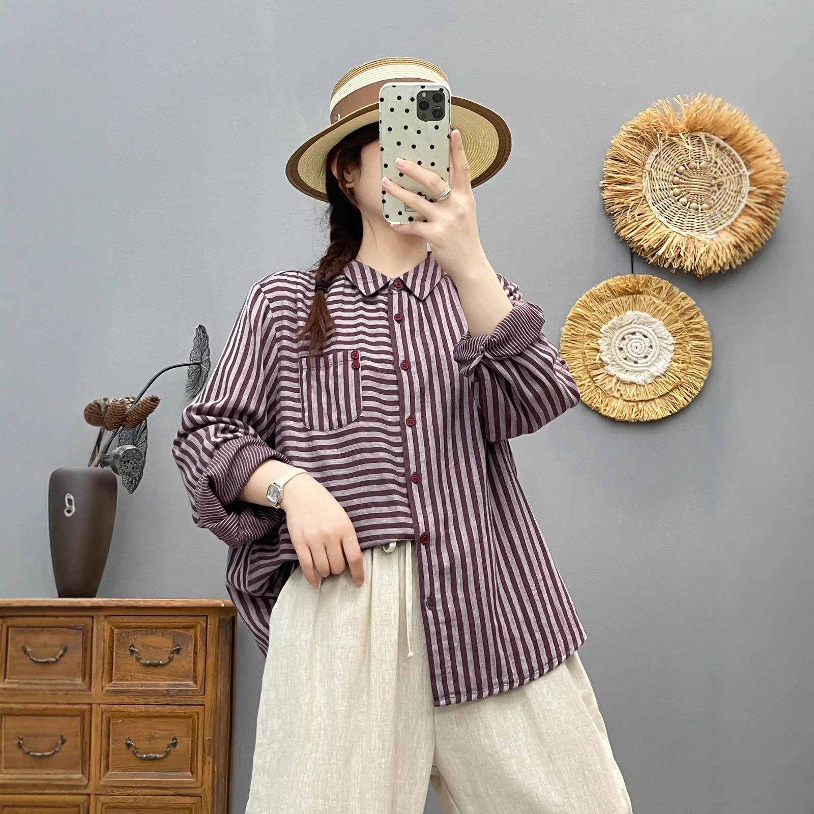 اليابانية خمر موري فتاة مخطط تي شيرتات قطن المرأة الخريف جديد رفض طوق كم طويل بلوزة فضفاضة غير رسمية بلايز