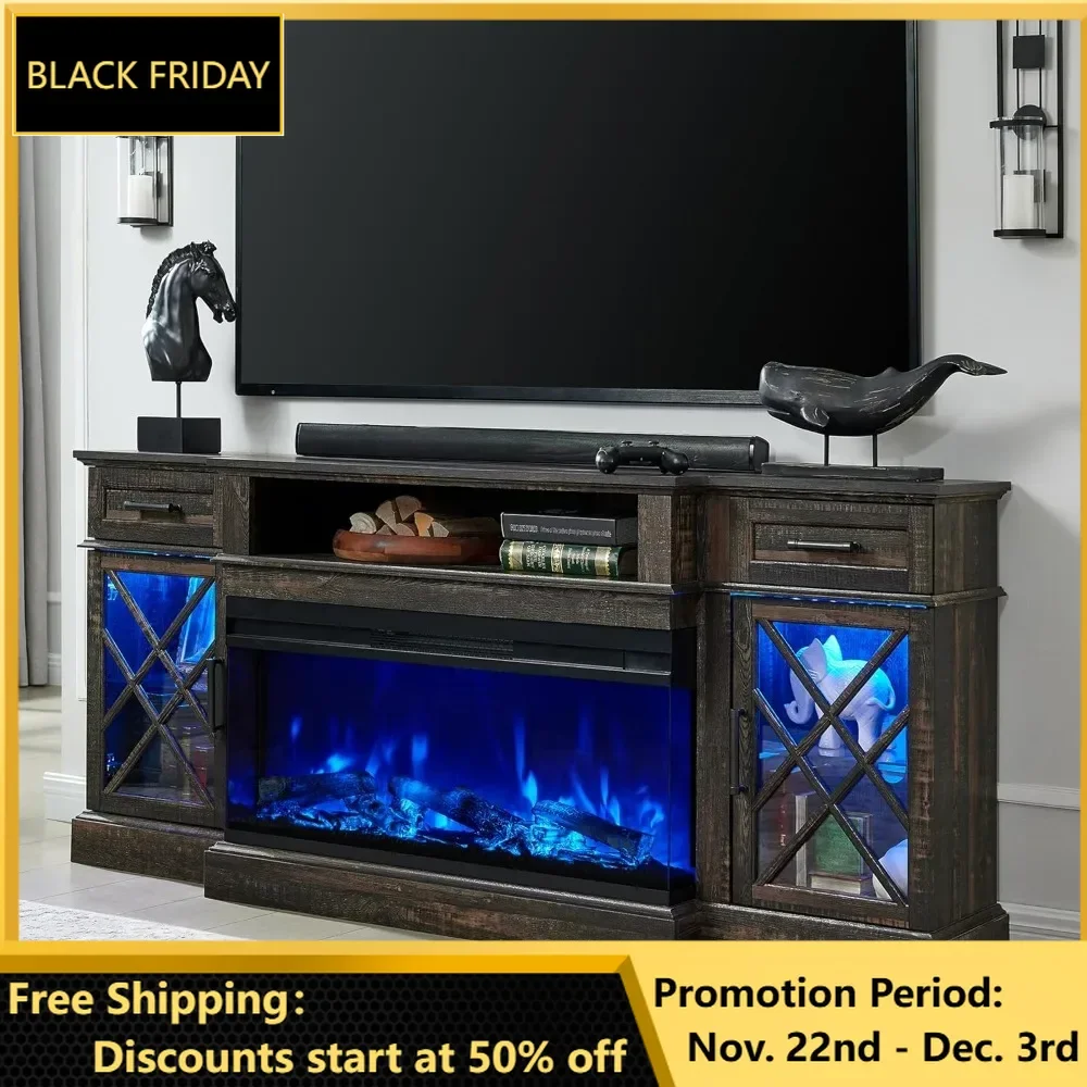 TV Stand Electric Fireplace, Modern Farmhouse 3-Sided Glass TV Stand with 3 Color Lights & 5 Flame Speeds, TV Stands Fireplace