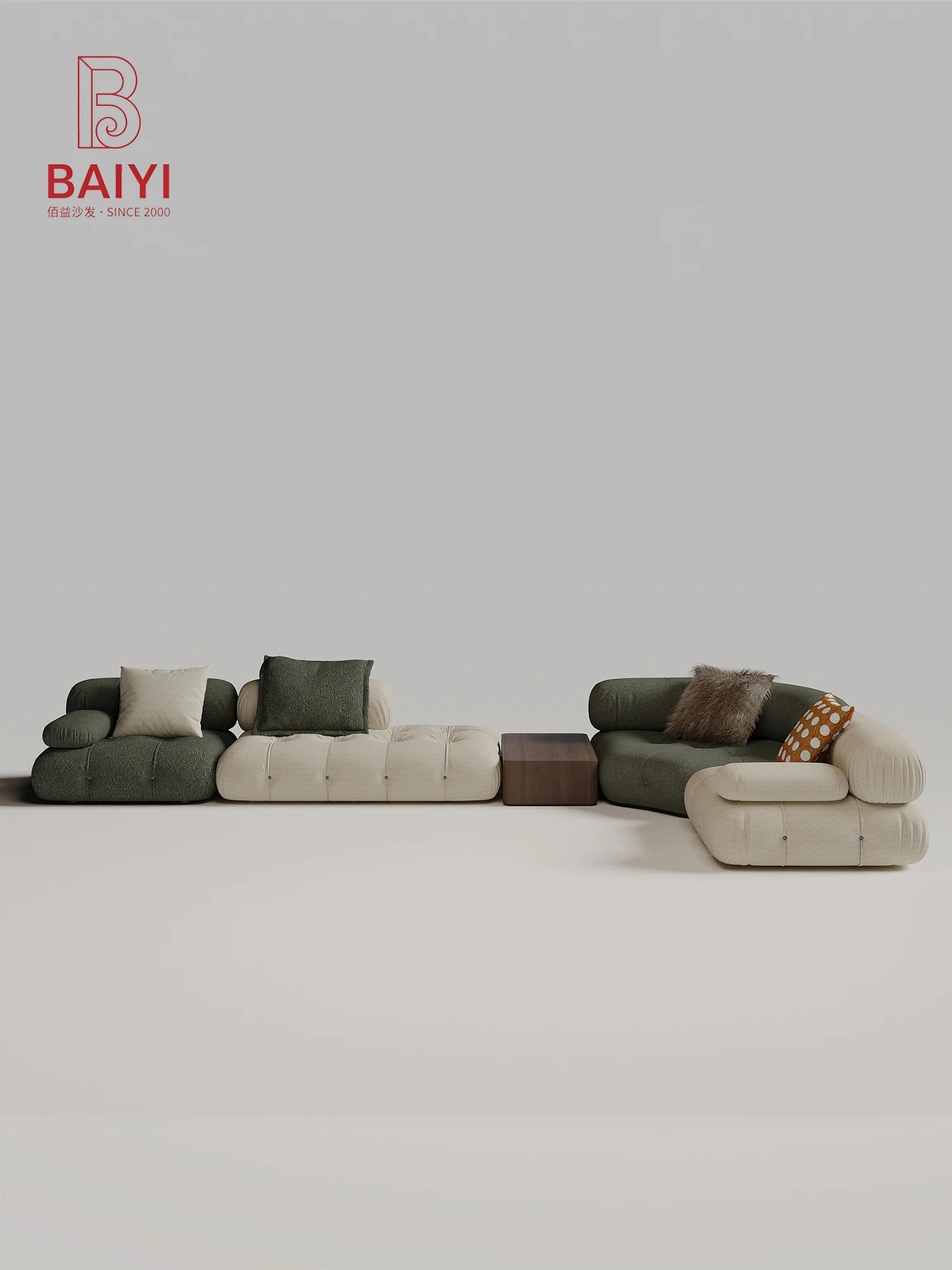 Olive Green And Cream Modular Floor Sofa Tufted Boucle Upholstery L Shaped Chaise With Ottoman Cylinder Armrest For Living Room