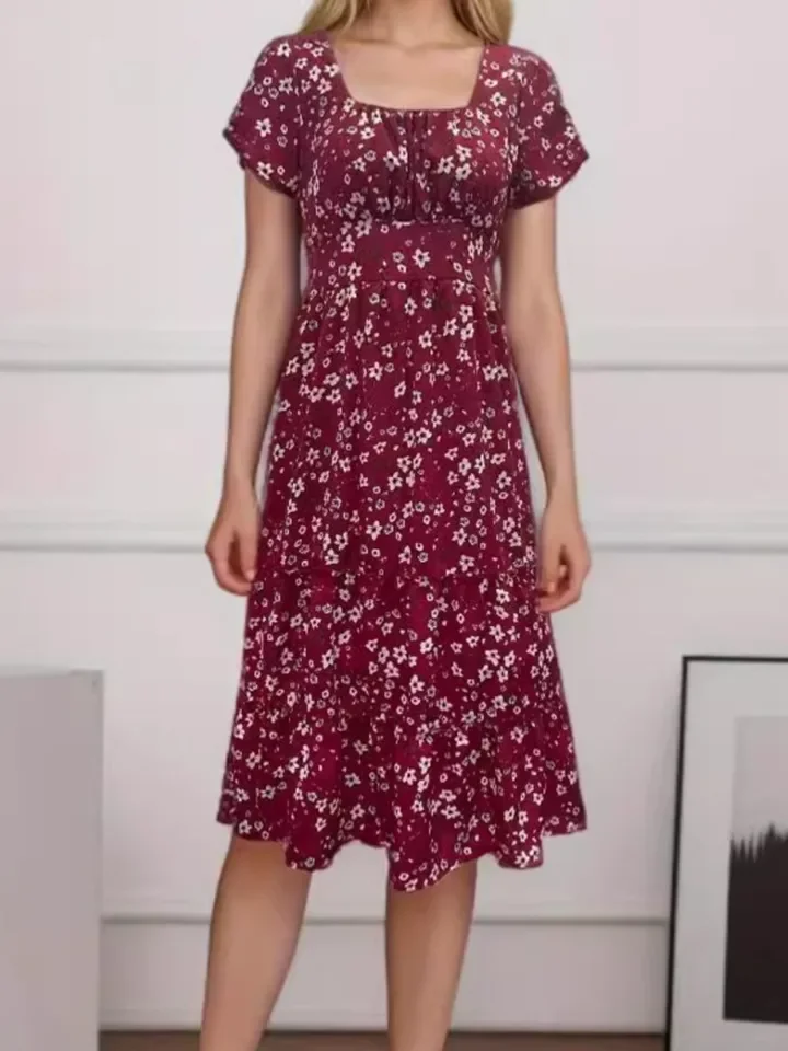 Women's Print Dress Fashion Boho Holiday Beach Dresses Lady Casual Short Sleeve Square Collar Long Dresses For Women Summer New