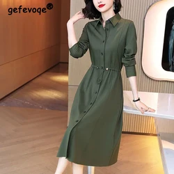 Women's Clothing Autumn Elegant Lace Up Single Breasted Shirt Dress Korean Fashion High Waist Midi Dresses Long Sleeve Vestidos