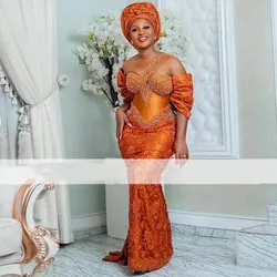 Arabic Aso Ebi Orange Prom Dresses Lace Off The Shoulder Pearls Beaded Strap Mermaid Evening Gowns Formal Party Dress Plus Size