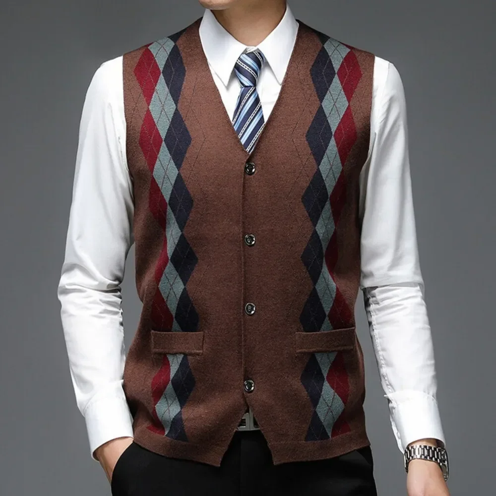 2025 Men\'s Business Casual Pullover Wear Warm Sleeveless Wool Knitted Cardigan Sweater Vest Tops