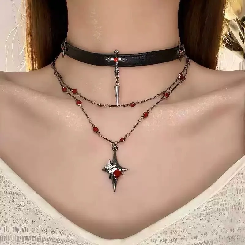 Punk Dark Creativity Personality Gothic Rock and roll Cross Leather Stainless steel Necklace Clavicle chain