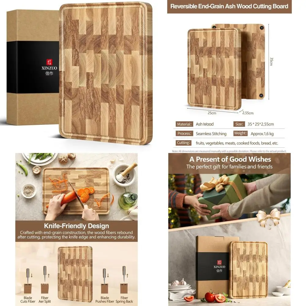 

Разделочная доска из конечного зерна для кухни: 13,8 л x 9,8 Вт x 1 т, разделочная доска для мяса с скользящими ножками, боковыми ручками, пазкой для сока