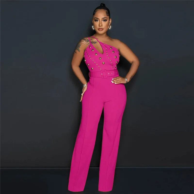 

2023 Women One Shoulder Sleeveless Sexy Straight Party Jumpsuits with Belt Rivets Elegant Loose Wide Leg Jumpsuit Club Rompers