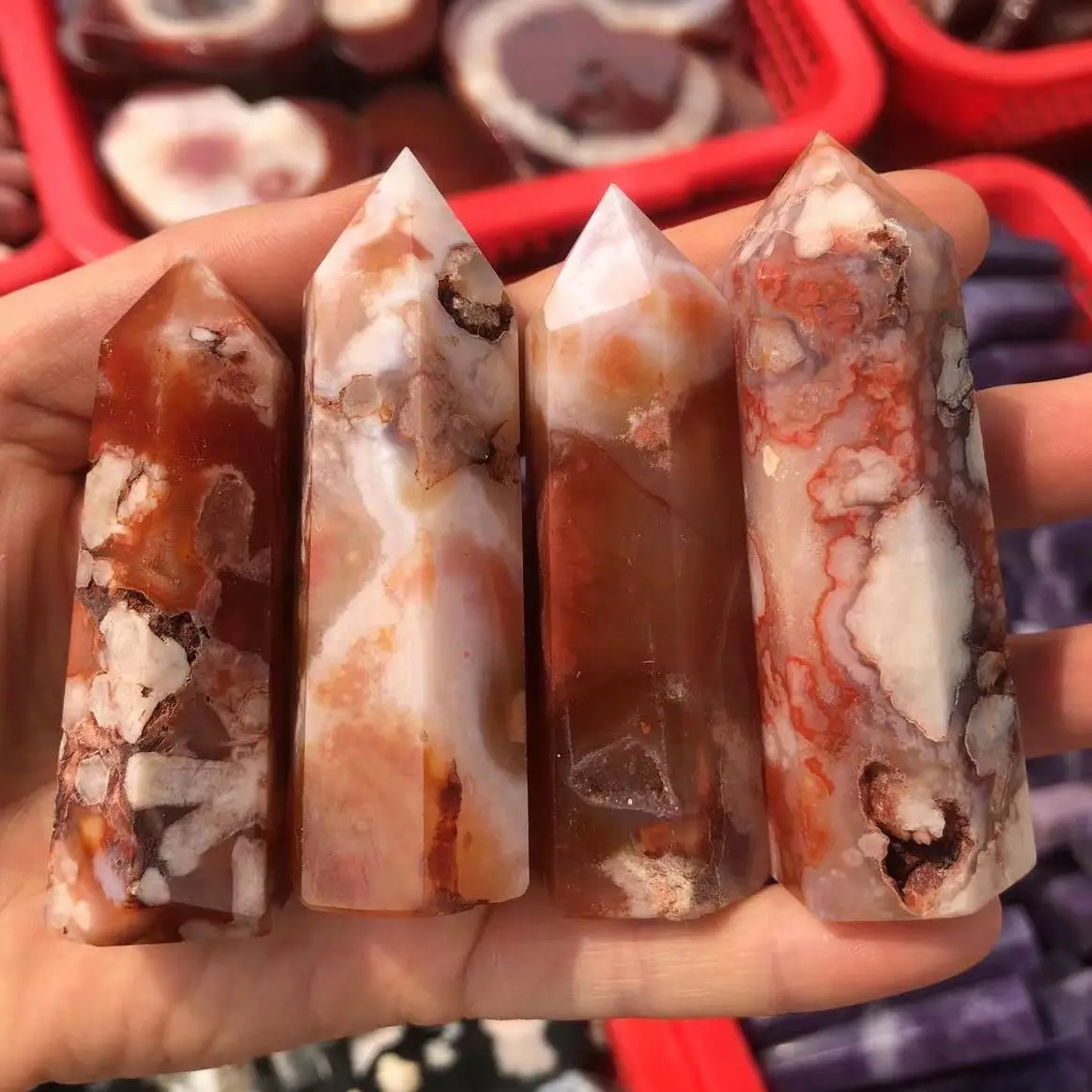 Natural Crystal Point Red Cherry Blossom Agate Healing Obelisk Quartz Wand Ornament for Home Decor Reiki Energy Stone