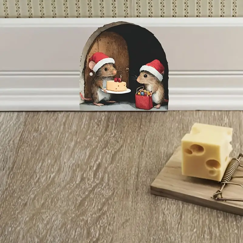 VIKAMA Christmas Mouse Door Openings Wall Sticker, Self-Adhesive Creative 3D Sticker for Living Room Entrance Room Decor