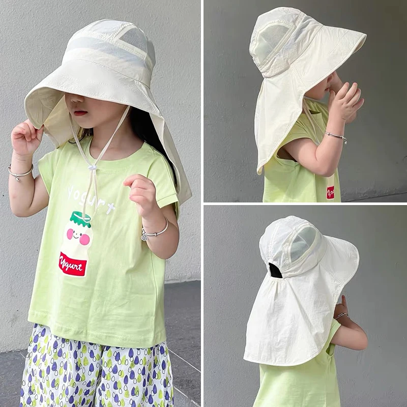 Summer Quick Dry Kids Sun Hat Breathable Mesh Boy Girl Fisherman Hat Solid Color Large Brim Neck Protection Basin Cap