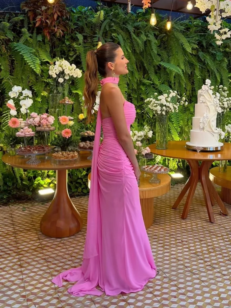 Women Strapless Chiffon Long Evening Dresses Sheath Draped With Neckband Formal Prom Dresses Ladies Wedding Guest Dresses