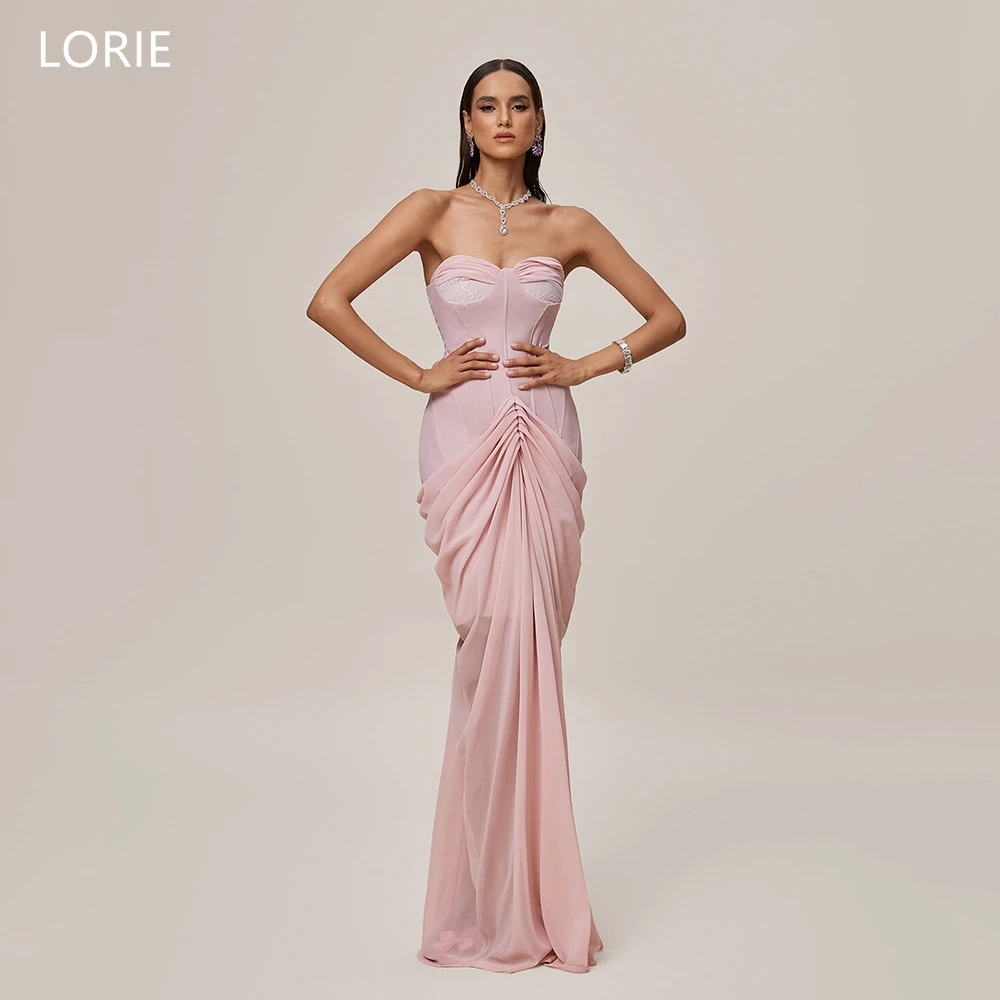 

LORIE Elegant Pink Chiffon Party Dresses Pleats Strapless Evening Prom Dress Sheath Mermaid Prom Gowns Customized