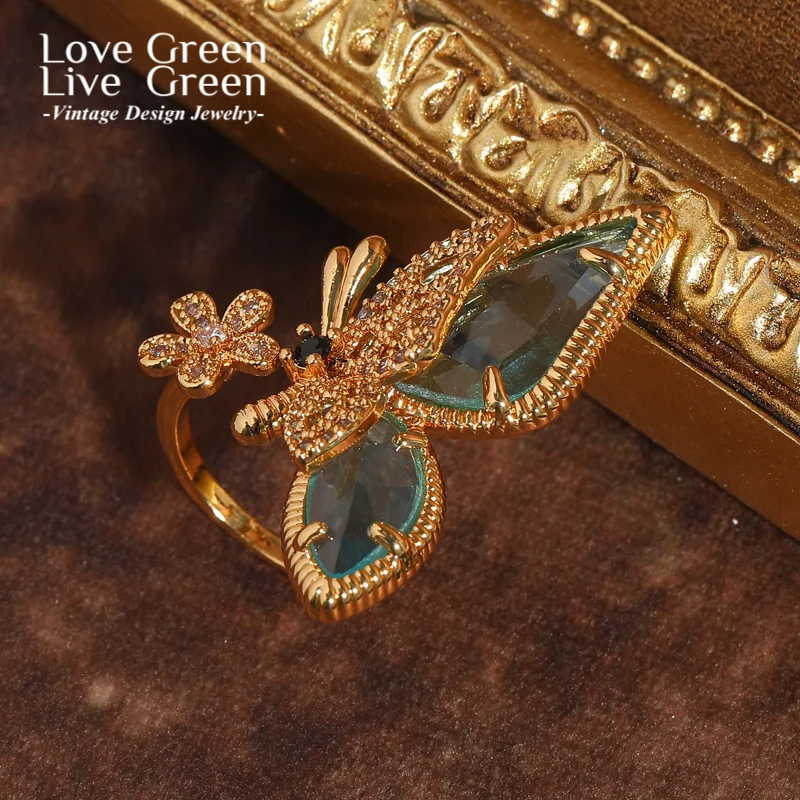 

Vintage Gold Color Butterfly Rings Natural Glass Flower Elegant Womens Rhinestone Jewelry Trends 2025 Accessories Thanksgiving