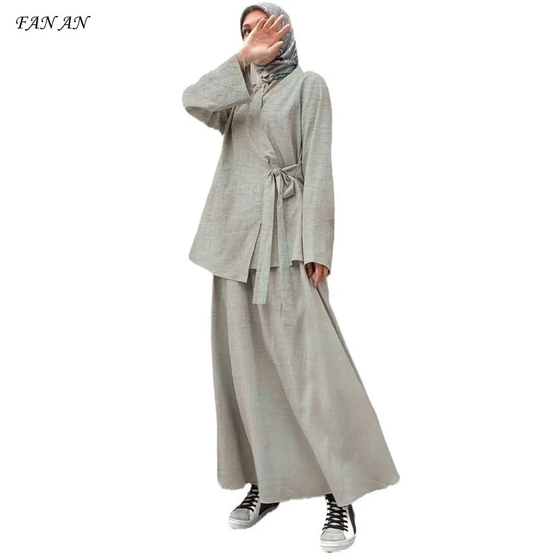 Autumn New Fashionable Casual Muslim Open Shirt Dress Commuter Strap Long Sleeve Cardigan Skirt Middle Eastern Arab Two Piece